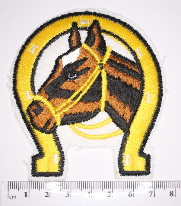 Horseshoe with horses head embroidered iron on patch