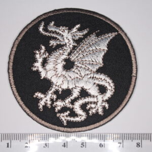 Silver dragon in a circle with back background iron on patch Silver dragon in a circle with back background iron on patch