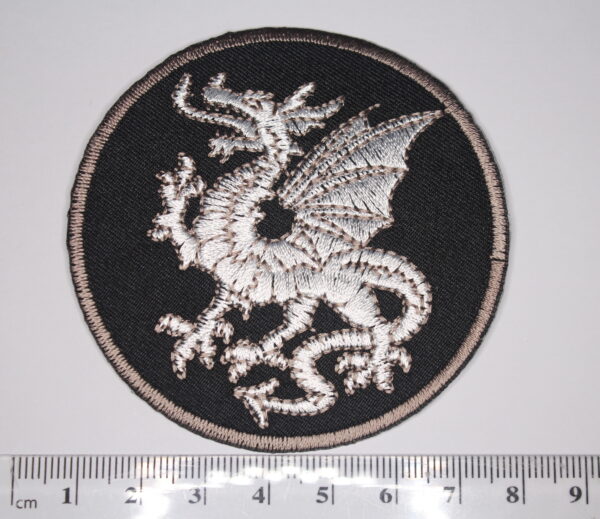 Silver dragon in a circle with back background iron on patch