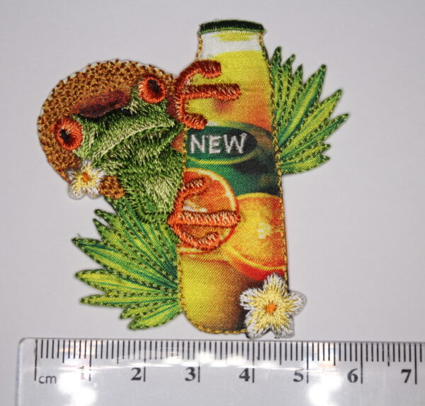 Gecko on a orange bottle sew on patch