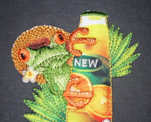 Gecko on a orange bottle sew on patch