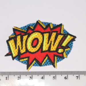 WOW pop art iron on patch blue, red and yellow