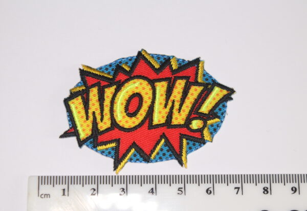 WOW pop art iron on patch blue, red and yellow